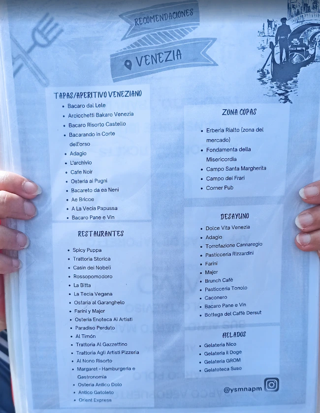 Lista de restaurantes recomendados de Venecia.