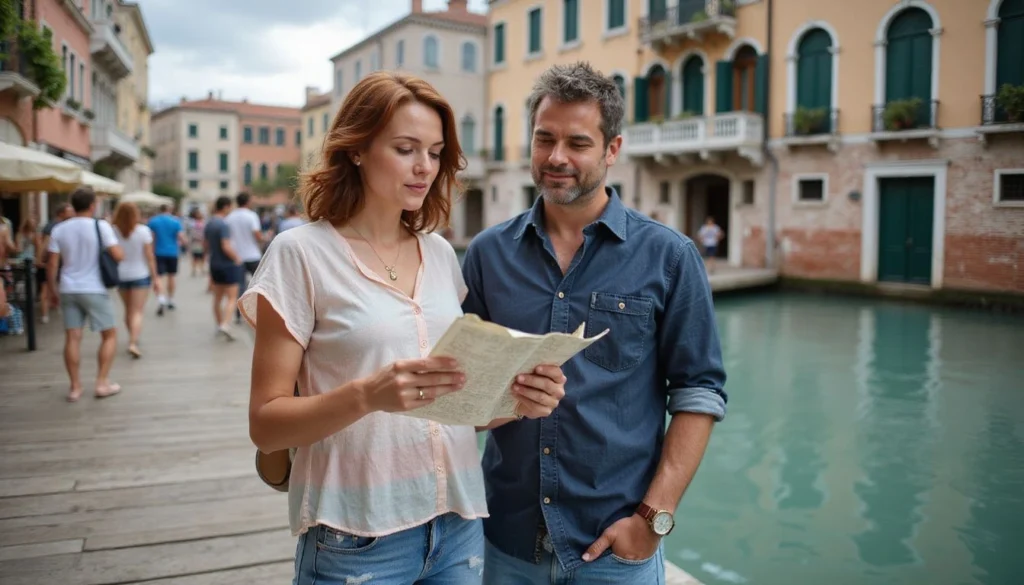 Una pareja explorando una estación de vaporetto en Venecia.