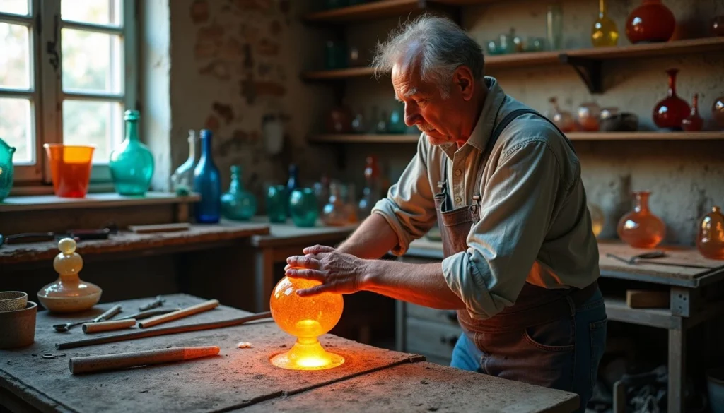 Un artesano de soplado de vidrio trabaja en una tradicional fábrica de Murano.