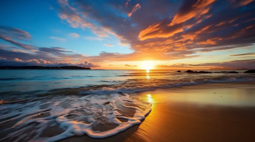 Fotografía de un atardecer sereno en la playa con un sujeto.