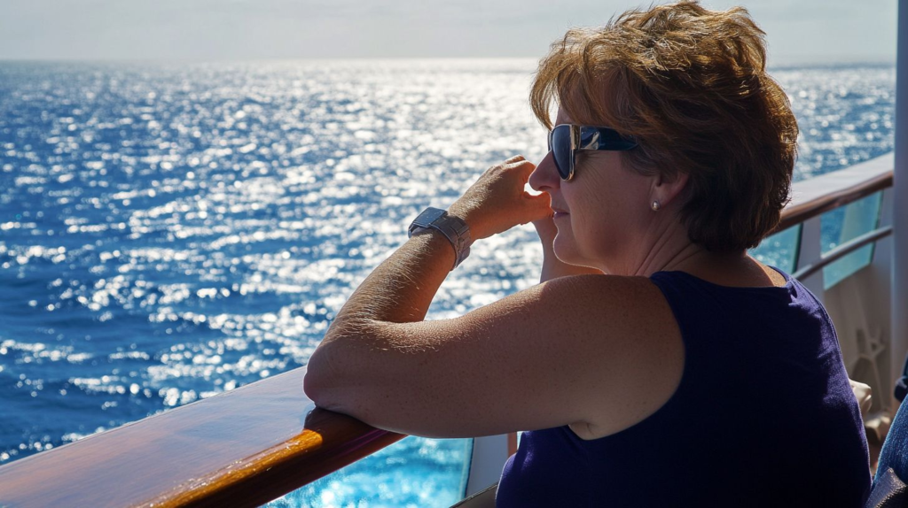 Una mujer de mediana edad disfruta de la cubierta de un crucero por el Mediterráneo.