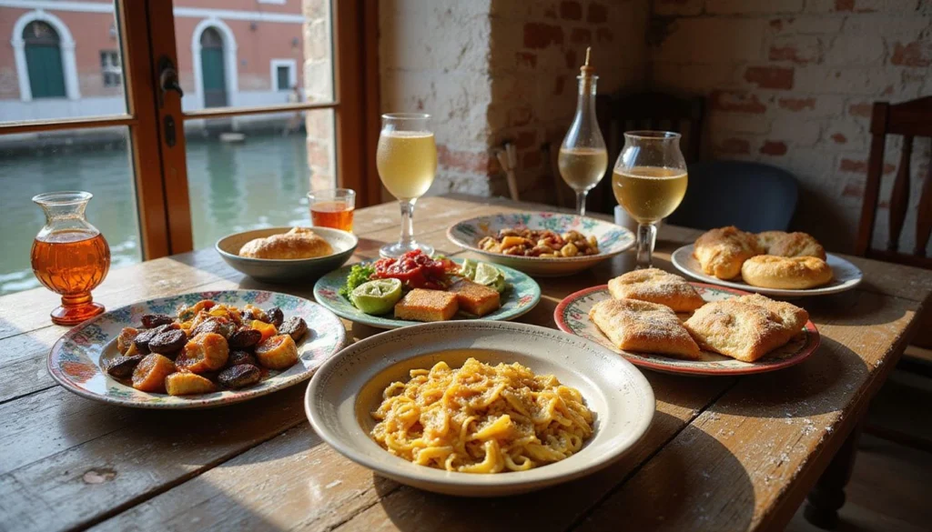 Una mesa de comida veneciana tradicional con platos y postres.